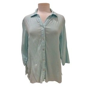 Fresh Produce Womens Button Front Top Medium Blue Cotton Gauze 3/4 Sleeve